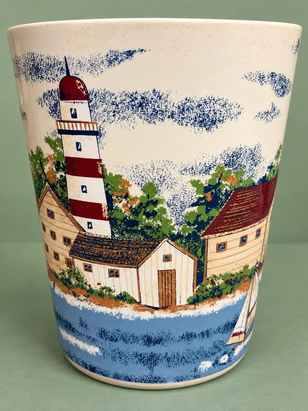Seaport Lighthouse Coastal Waste Basket Nautical Sailboat Beach Cottage Decor